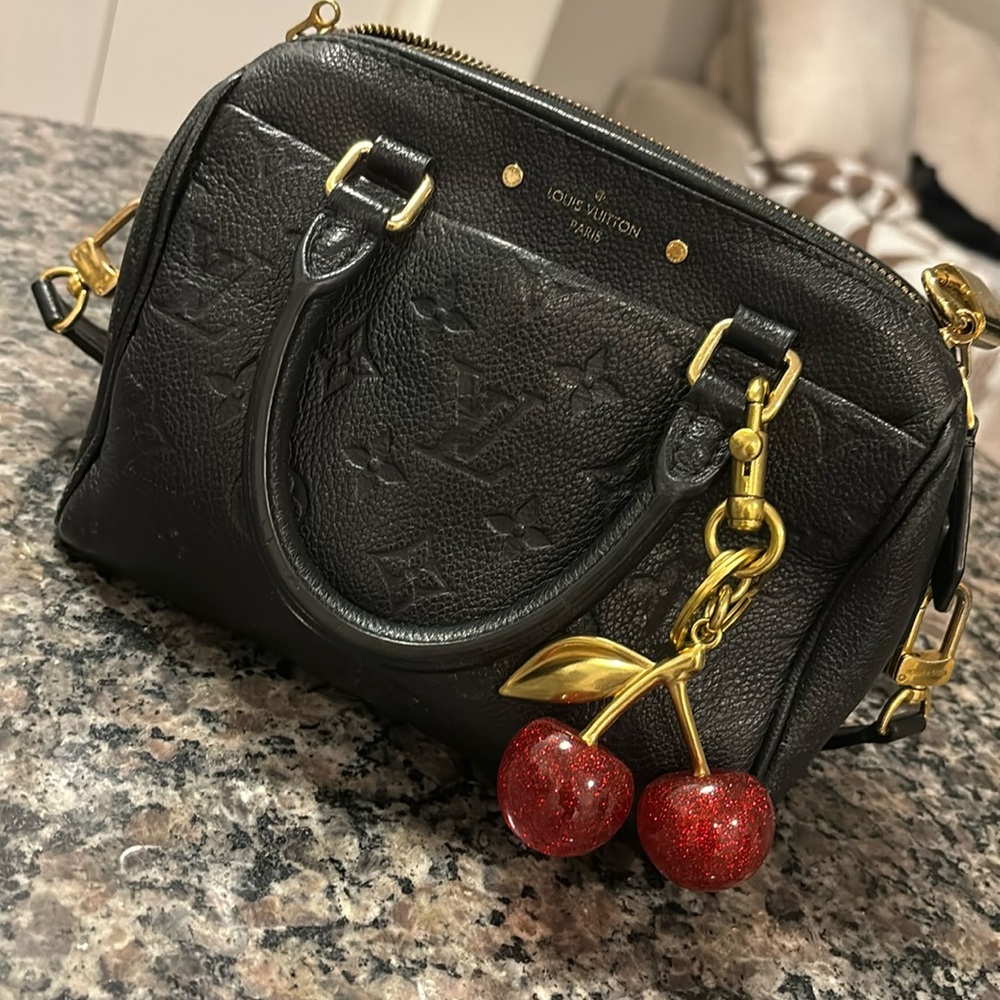 Gold and red glitter cherry keychain for bag or keys